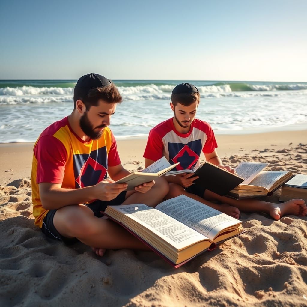 Talmud Students Study at the Beach in Sunlight