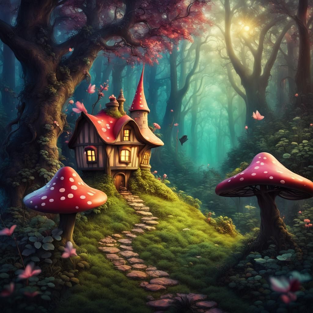 A magical, dreamlike forest with a hidden fairy village, in the style ...