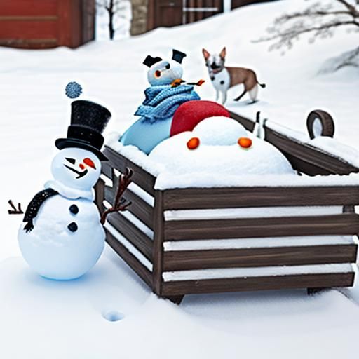 anamorfosis snowman en trineo pull by dog