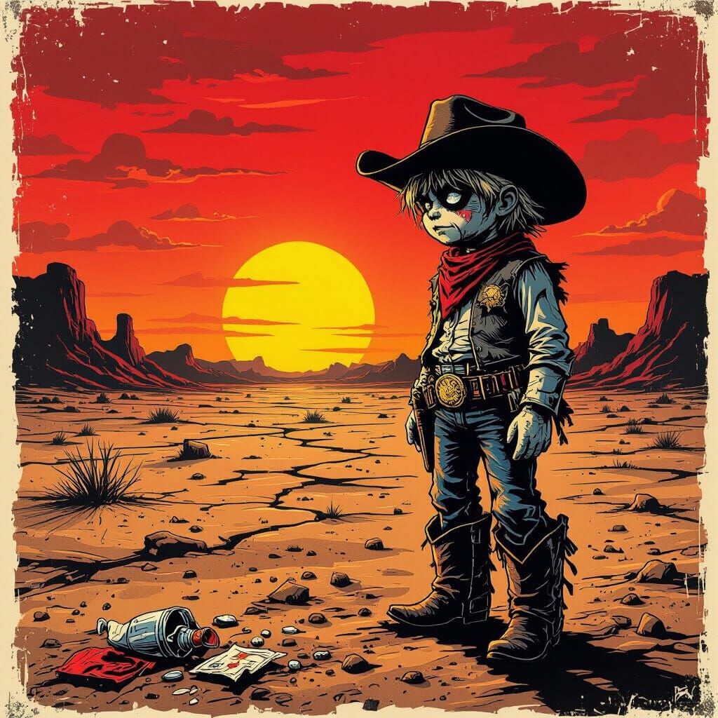 A lone, grizzled garbage pail kid, adorned in tattered cowboy attire, surveys a desolate, dust-choked landscape under a blood-red sunset. Th...