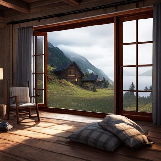 open window, breeze curtains, cabin by lake, Game Cinematic ...