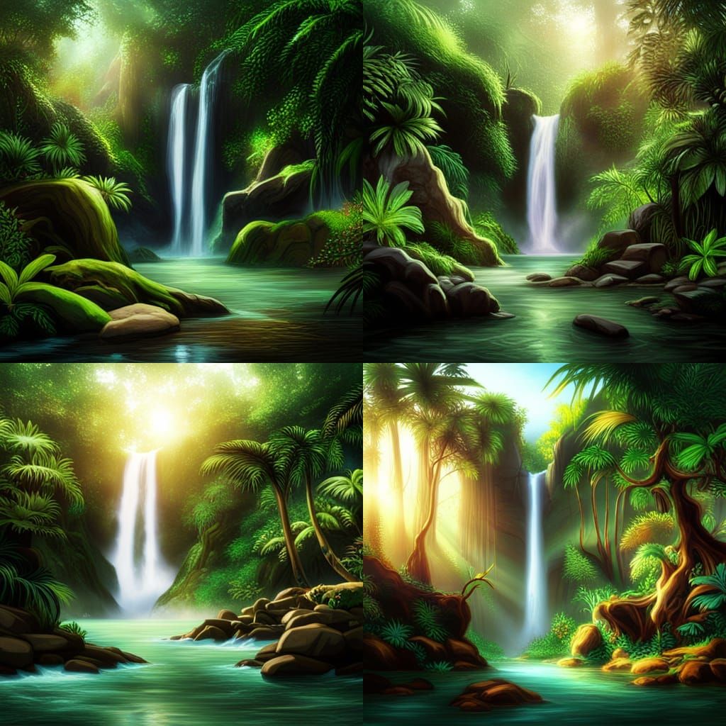 Photorealistic waterfall with rocks in lush rainforest jungle filtered