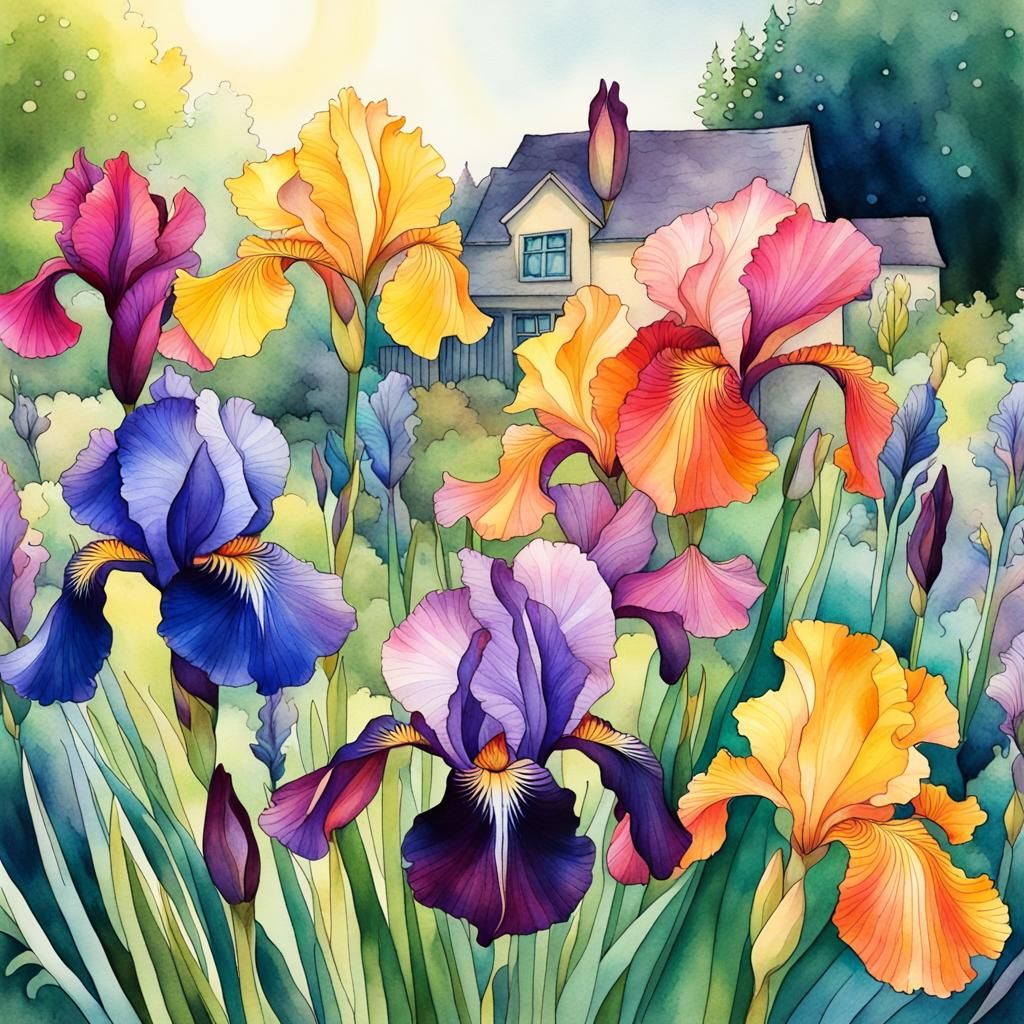 Hyperdetailed different coloured irises in a cottage garden. Colourful green and magenta yellow and blue ...  by @FizzyElf