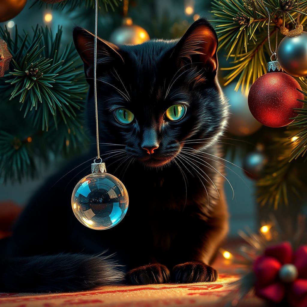 Whimsical Christmas Scene with Black Cat and Ornament