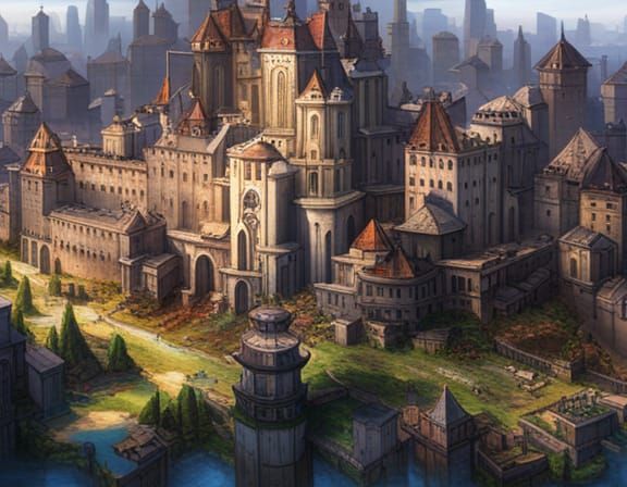 Massive citadel rising from the middle of a city, medieval fantasy ...