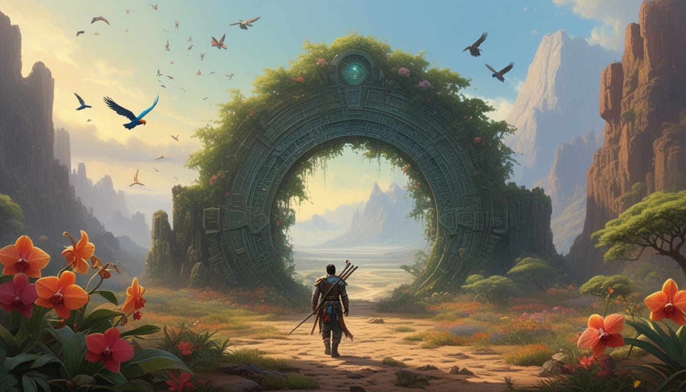 A wandering barbarian stands alone in a desolate, sun-scorched desert landscape, his back to the blistering horizon as he gazes in awe at a ...