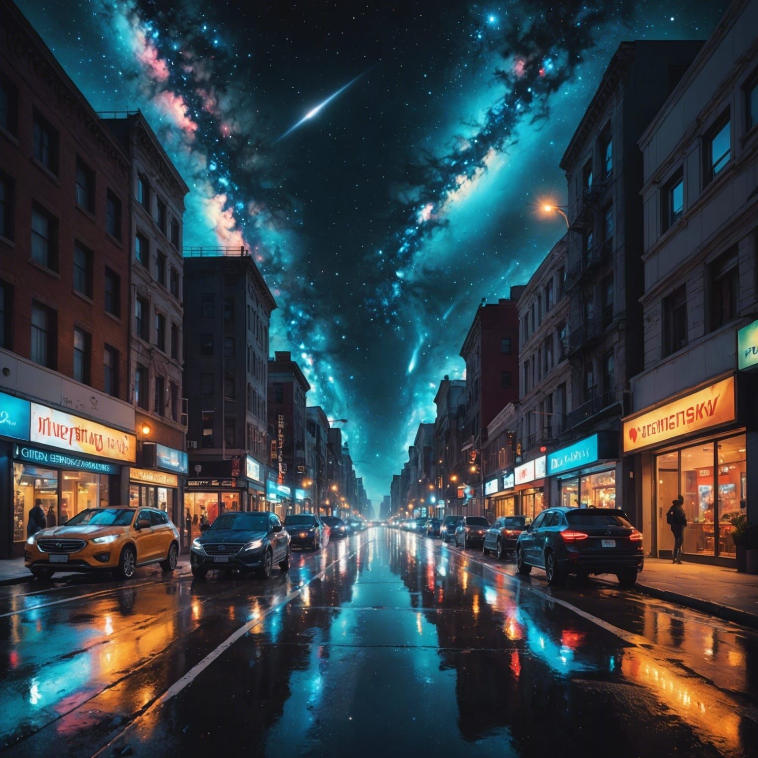 Galaxies Over City Street: Hyperrealistic Splash Art
