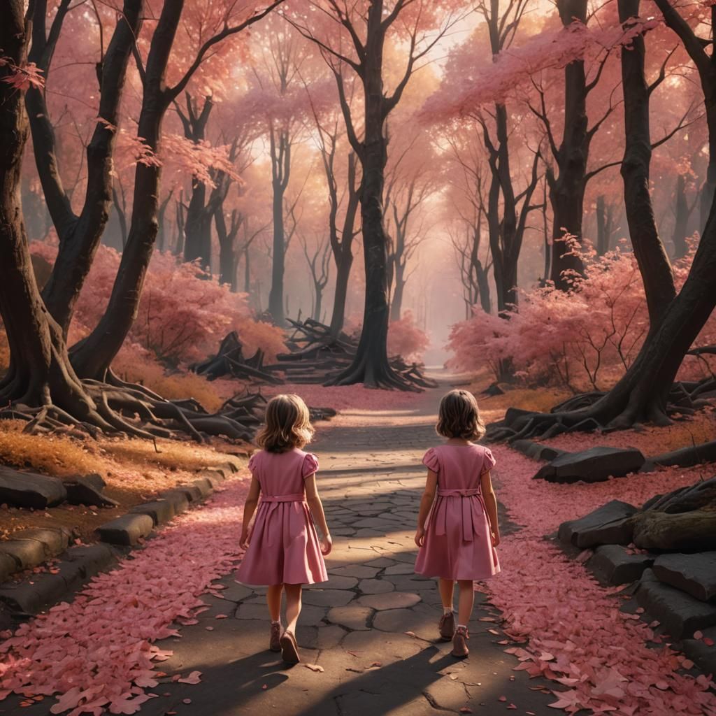 Girl Walks Among Pink Autumn Leaves: Fantasy Art