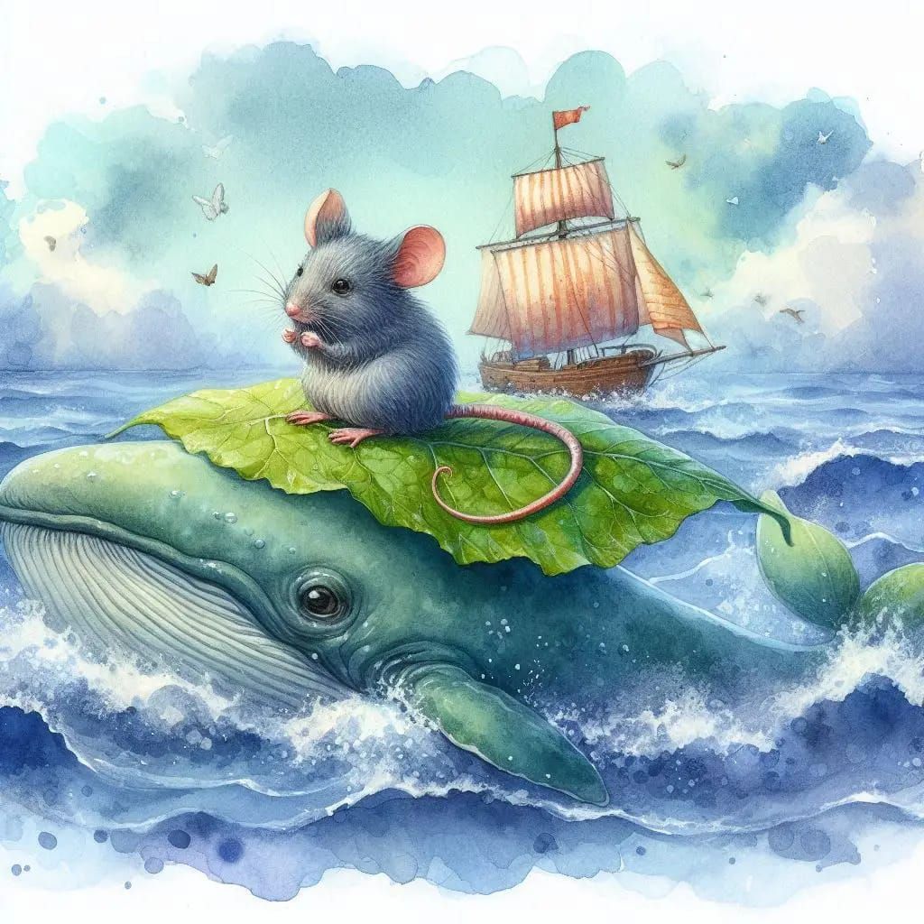 A mice sailing on a leave on a whale's back