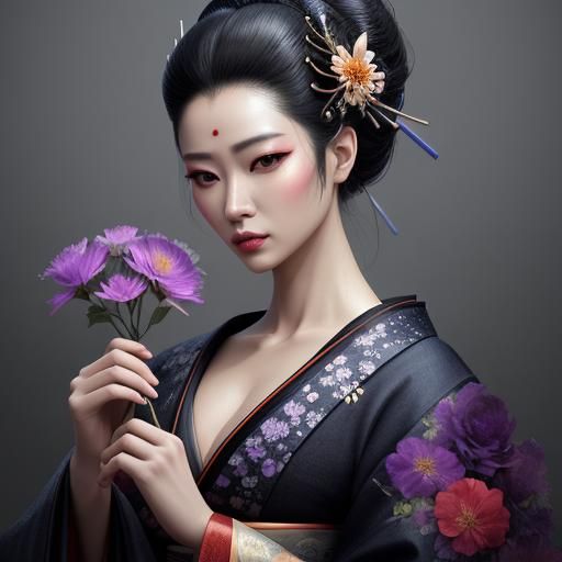 a woman with a flower in her hand, inspired by Kanō Naizen, ...