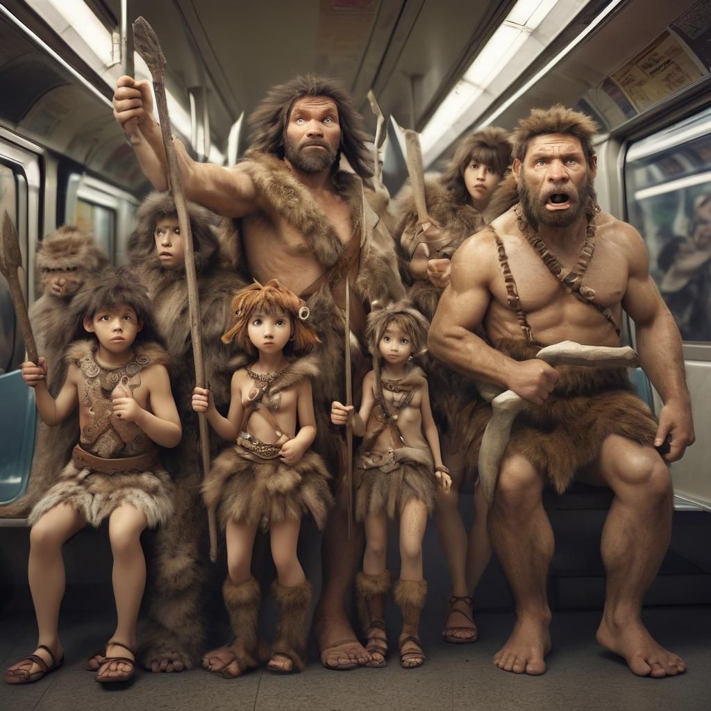 Neanderthal family in subway   by @Ideal