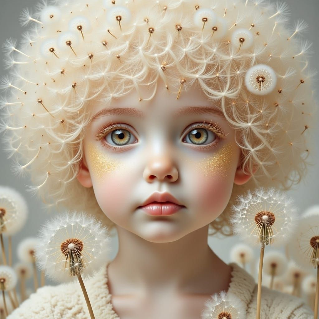 <lora:EtherealDandelion:1.0>A gorgeous toddler made entirely of dandelion puff, her hair is made entirely of dandelions, her face has beige...