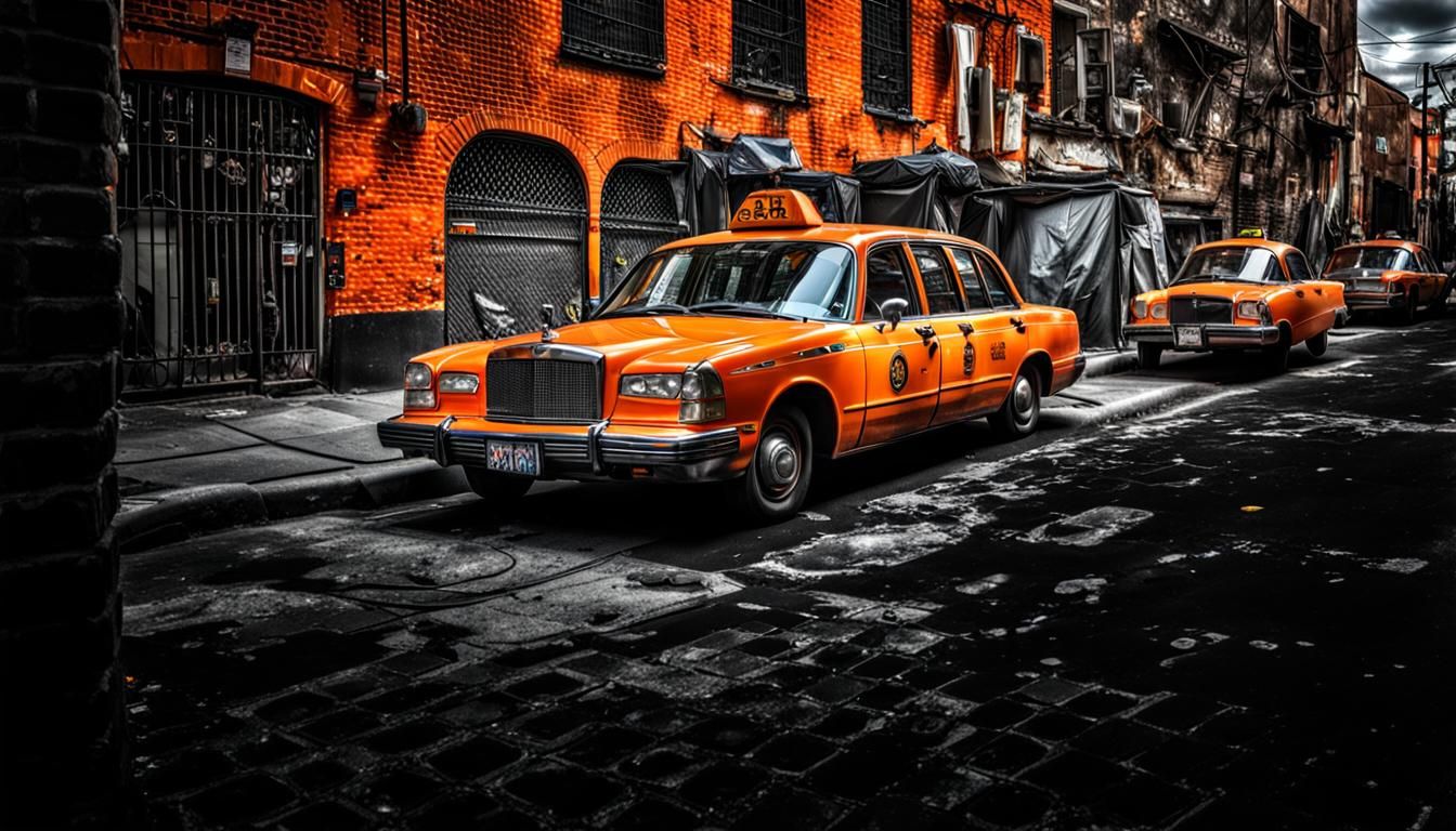 An orange taxicab park in an alley near town. intricate details, HDR, beautifully shot, hyperrealistic, sharp focus, 64 megapixels, perfect...
