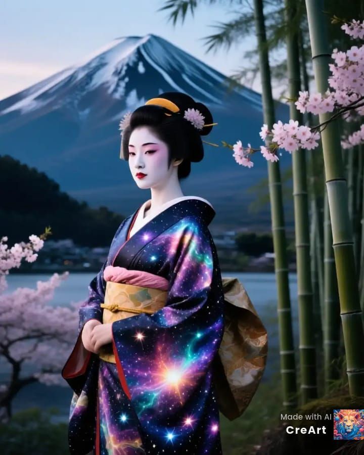 Ancient bamboo forest, cherry blossoms] inside the silhouette of a breathtakingly beautiful geisha, her kimono adorned w...