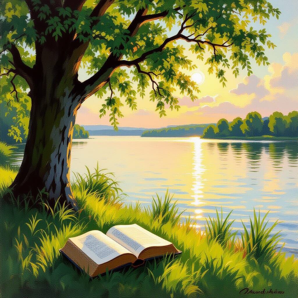 Open Book by a Lake Shore in Golden Hour Light
