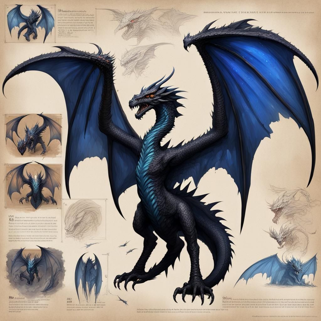 Hyperdetailed sheet and concept art of D&D black dragon with...