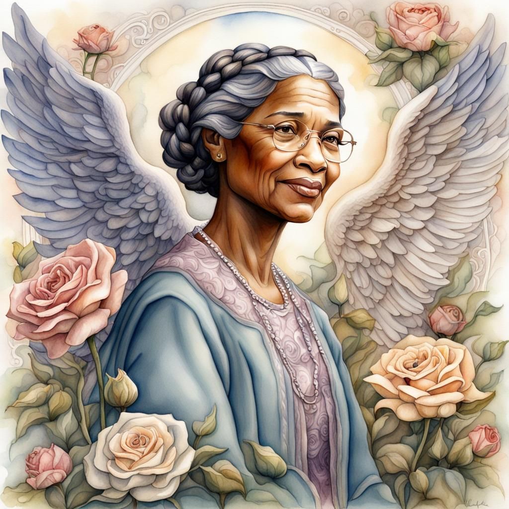 Rosa parks as a guardian angel. in the art style of Jody Bergsma.  watercolor painting  with lots of ...  by @Eggsquizit 