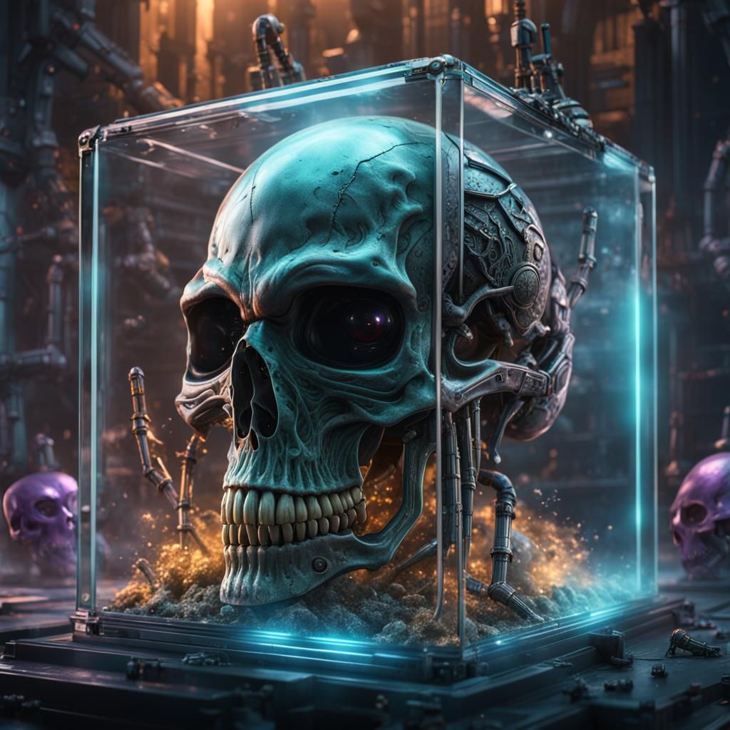 alien skull in a glas box 