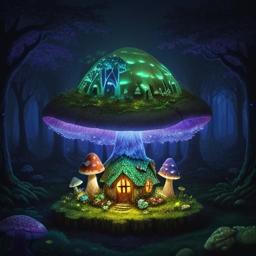 A fairy mushroom house in an enchanted bioluminescent forest...