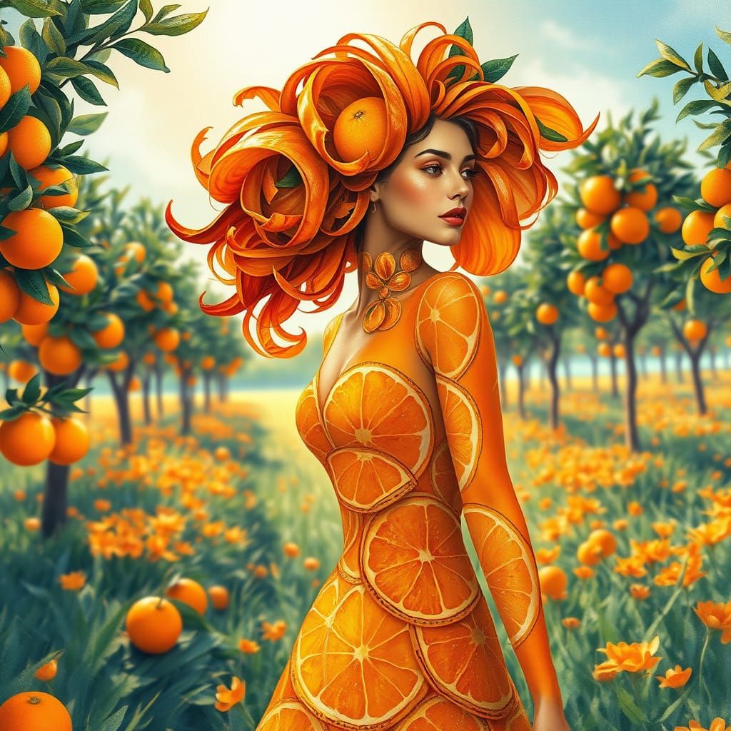 Vibrant Woman in Orange Field: Impressionist Style