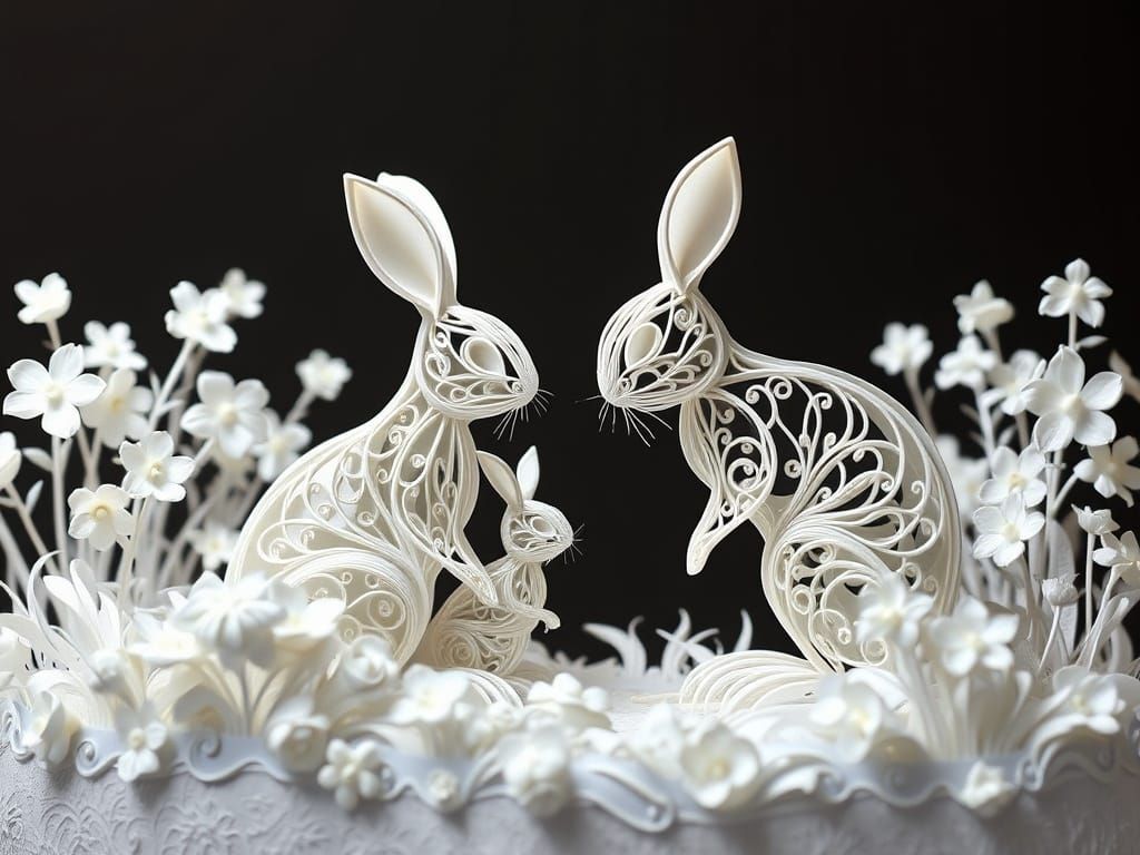 Delicate Anniversary Craftwork Cake Topper Bunnies  by @Gary Murakami