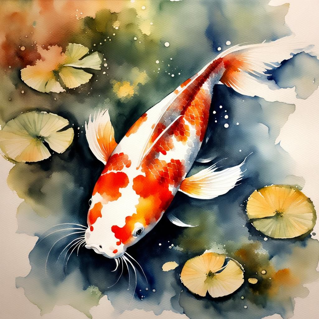 A beautiful koi carp! watercolor in the style of Jean Haines e Yusei ...