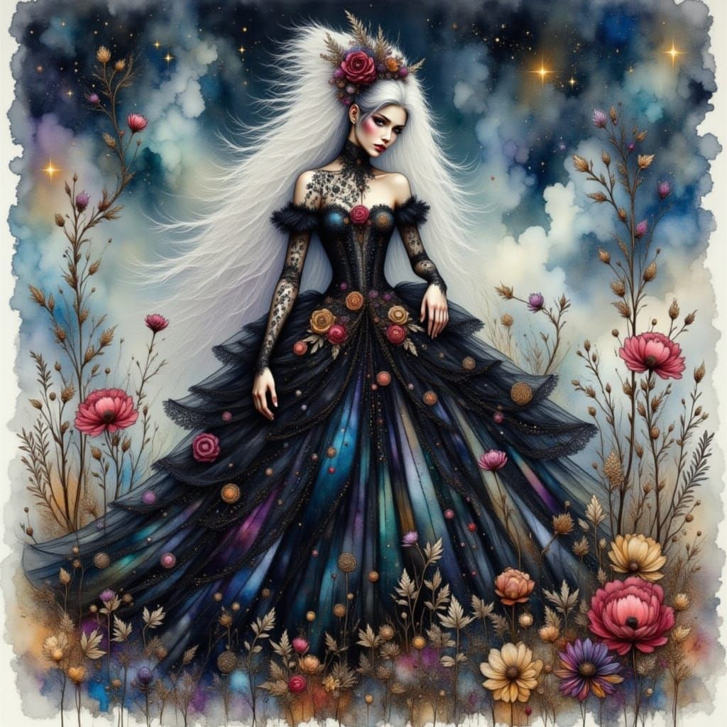 <lora:Dress Intensity:1.0> <lora:Shadow whimsy:1.0> <lora:Crinkled Metallics:1.0> <lora:Dreamy Intensity:1.0> Watercolor dynamic drawing fan...