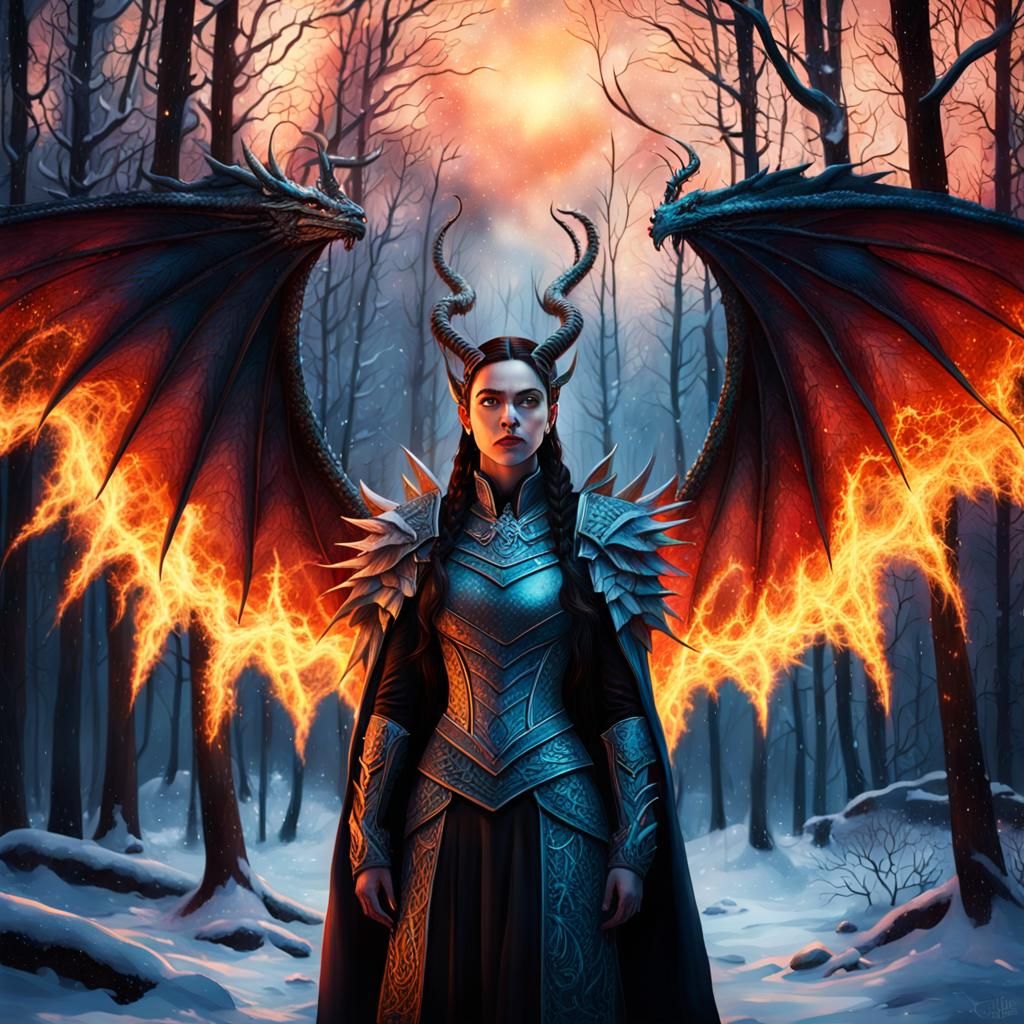 Ethereal Goddess Amidst Fiery Sunset in Snowy Forest
