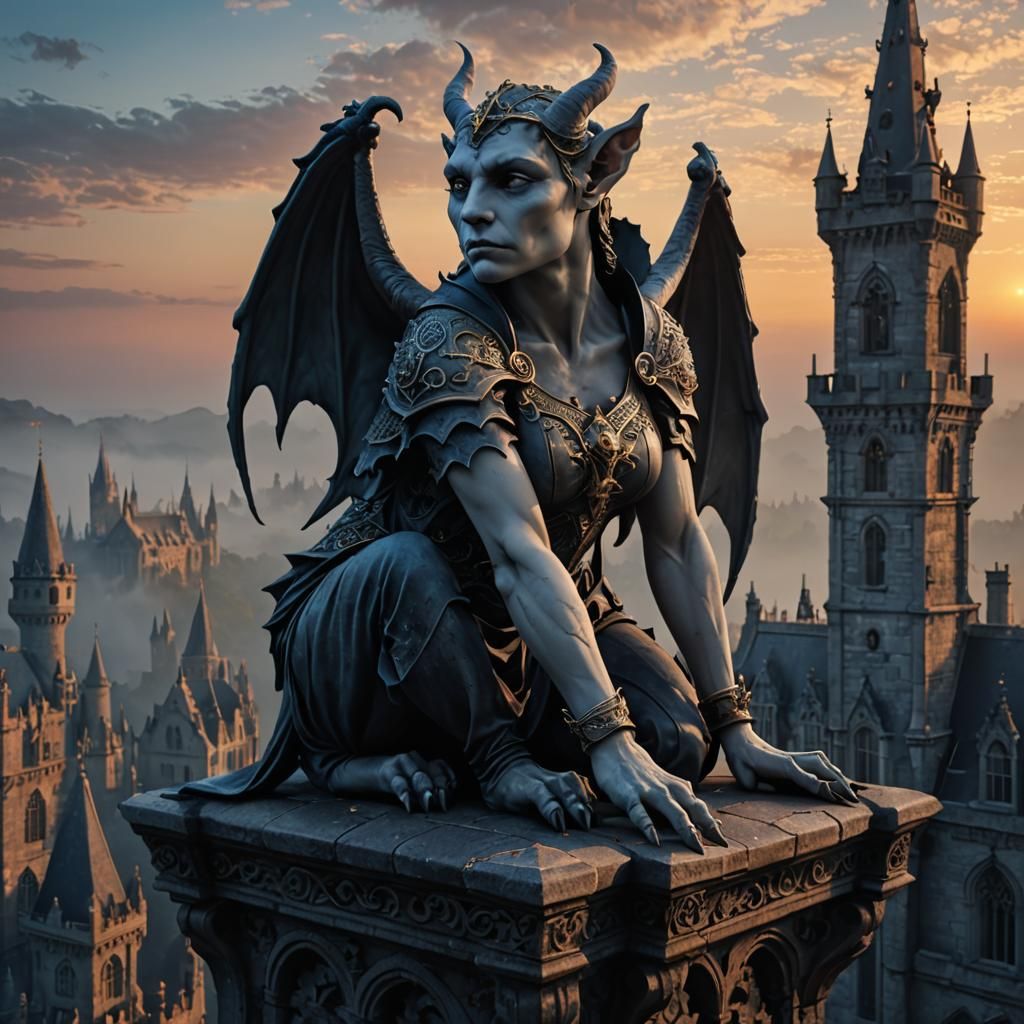 a porcelain marble female beautiful gargoyle sits astride a gothic parapet on a Victorian castle; highly ...  by @undefined