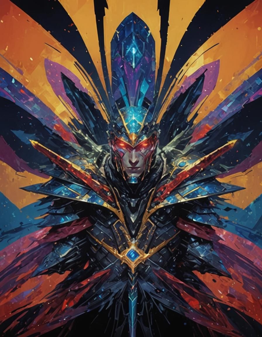 A young man shirtless, intricate pixelated armor and a magic...