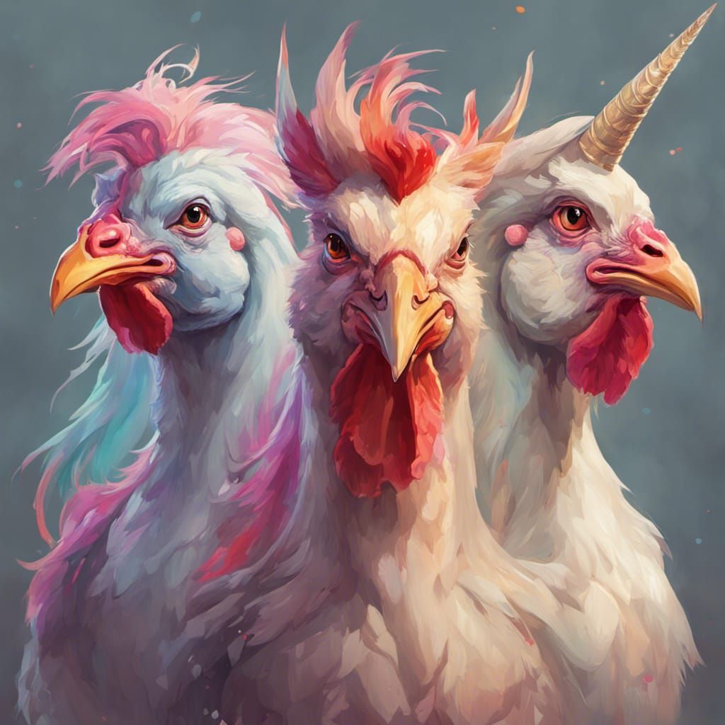 three chickens one dressed as a unicorn