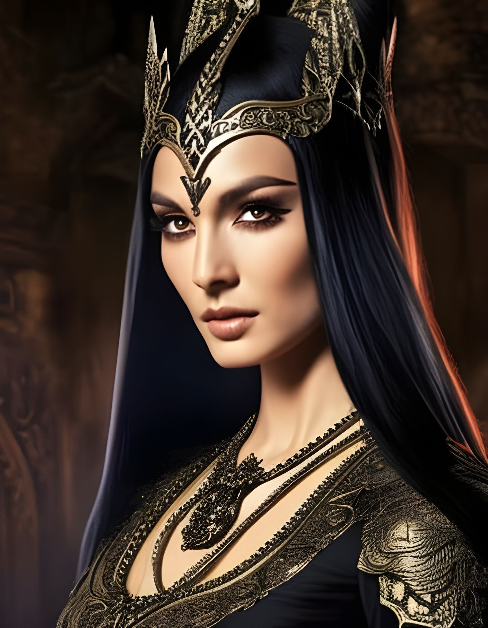 beautiful demoness, daring, long black hair, portrait,  fant...