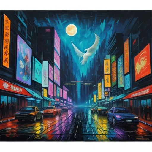 Chinese Dragon Soaring in Neon Cyberpunk Night