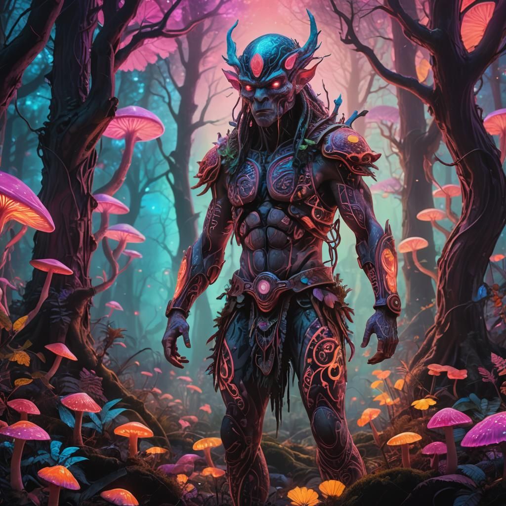 create a 16k highly illuminous neon forest with heavily tatt...
