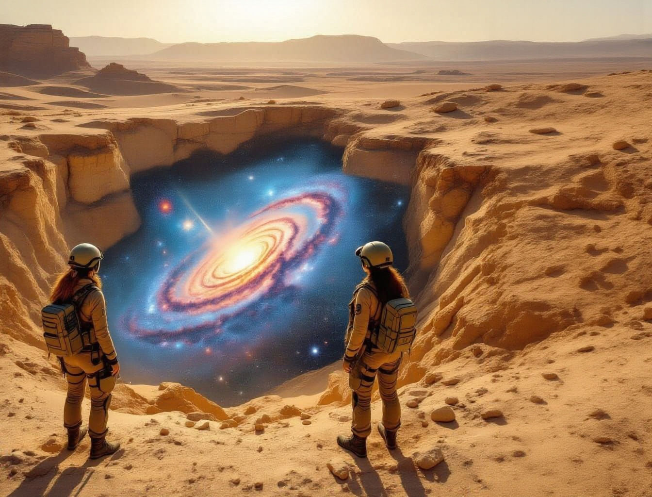 female archeologists stand around a giant hole in the desert. inside the hole is an entire spiral galaxy buried in the deep desert; image is...