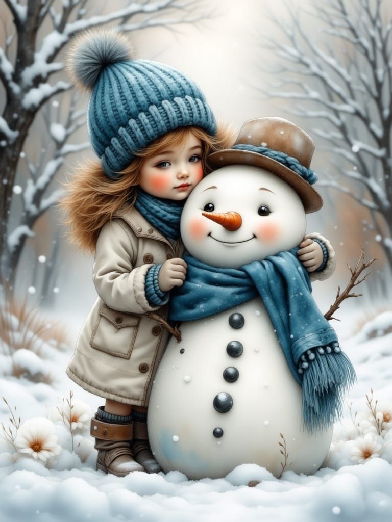 Child Hugs Snowman in Gentle Winter Scene