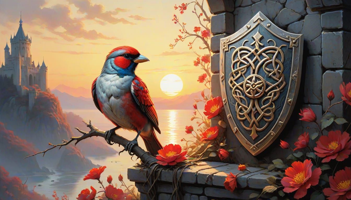 (3D 2.7) A large Celtic shield with a Gordian knot emblem, mounted on a stone wall: a tall candle holder ...  by @Derrell Mcclure