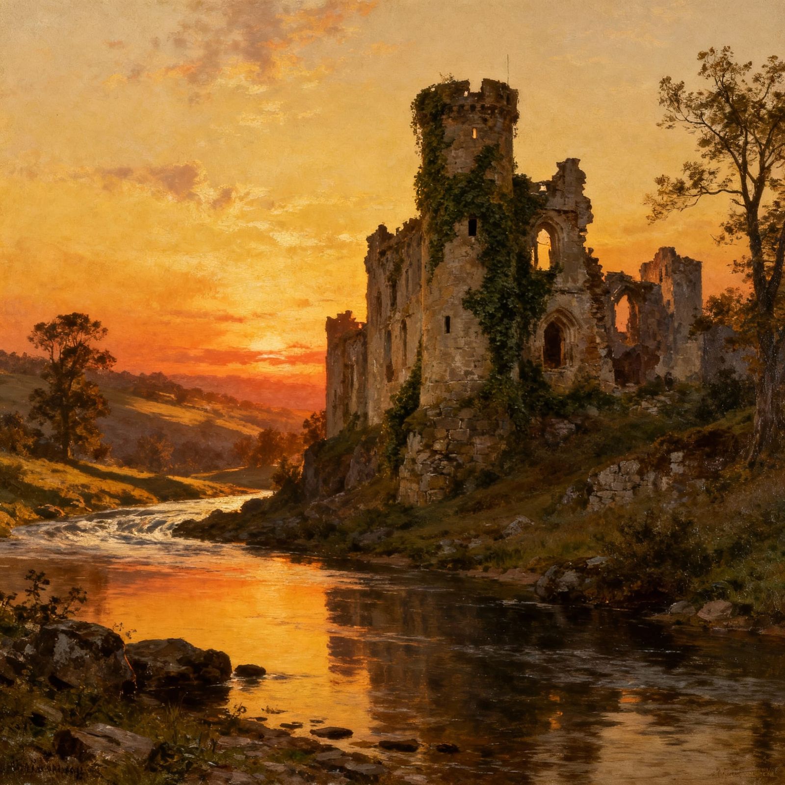 19th century style oil painting, a ruined castle beside a river at sunset   by @CardinalBiggles