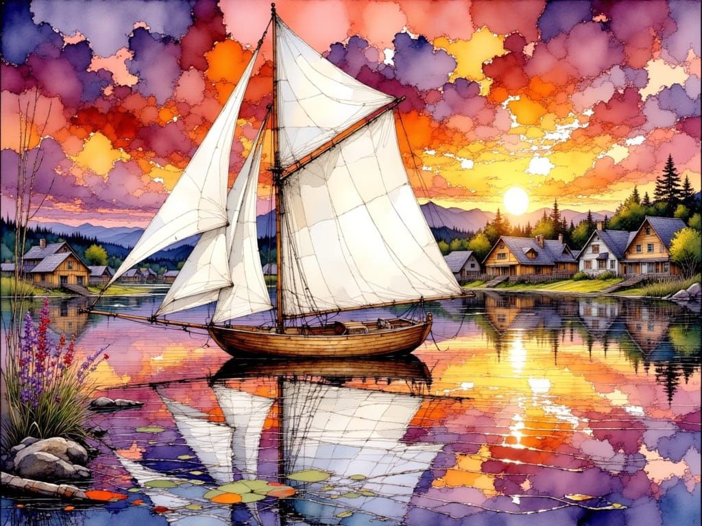 Vibrant Sailboat Scene at Sunset in a Colorful Fishing Villa...