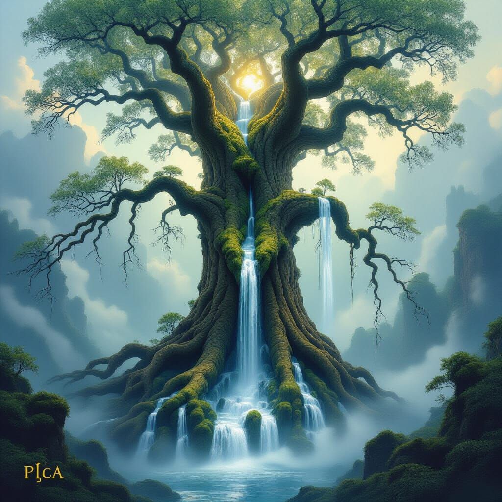 Ancient Tree with Crystal Rivers in Ethereal Landscape