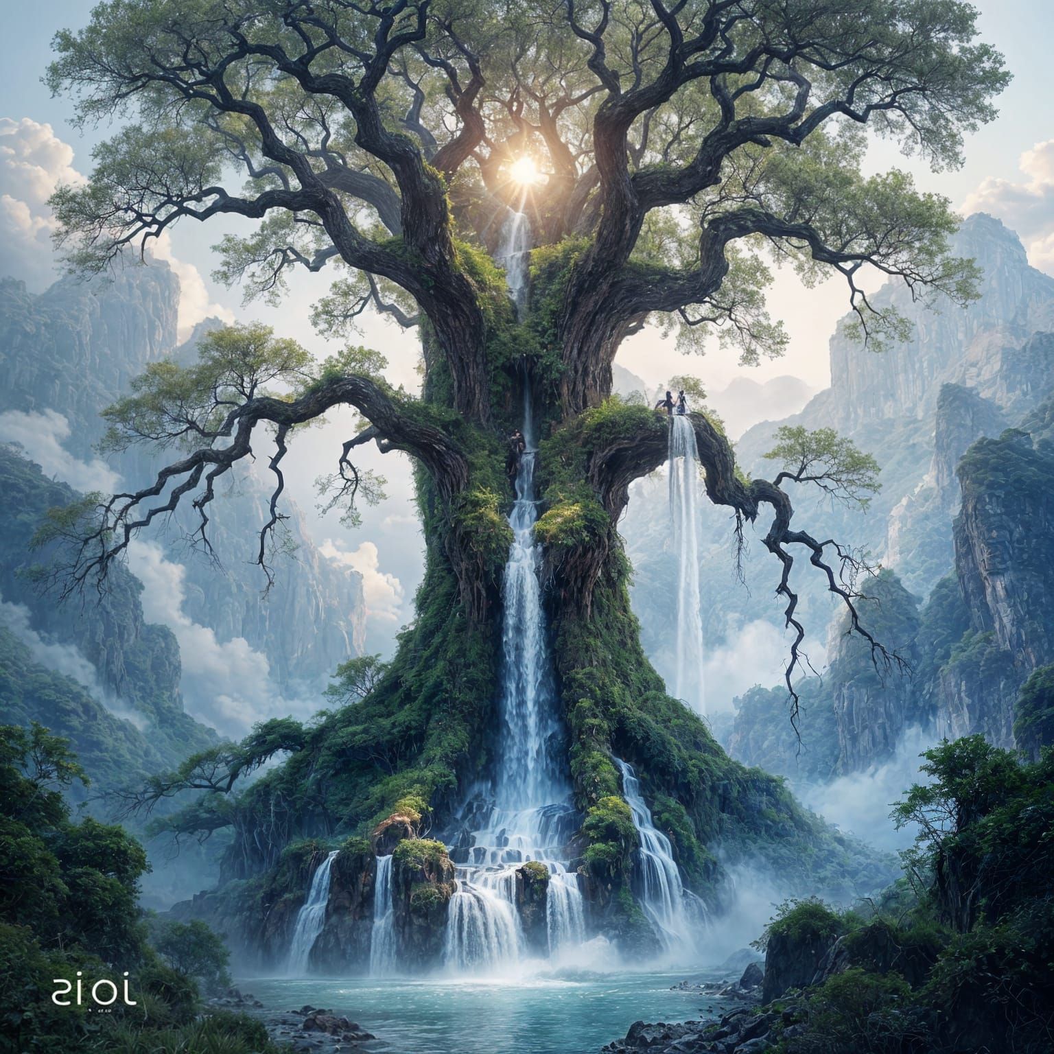 Ancient Tree with Crystal Rivers in Ethereal Landscape