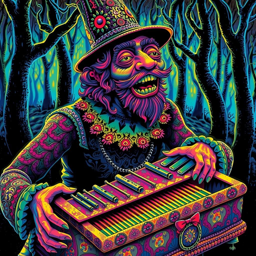 Psychedelic Hurdy Gurdy Man in Dayglo Black Velvet