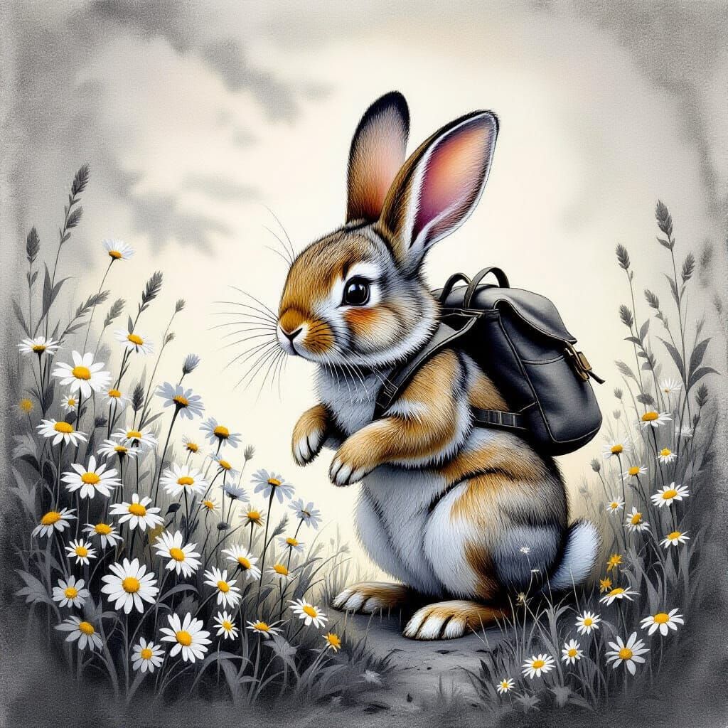 An ultra-macro photograph on textured paper depicting a traveling rabbit with a small backpack, emerging ...  by @Barabashka