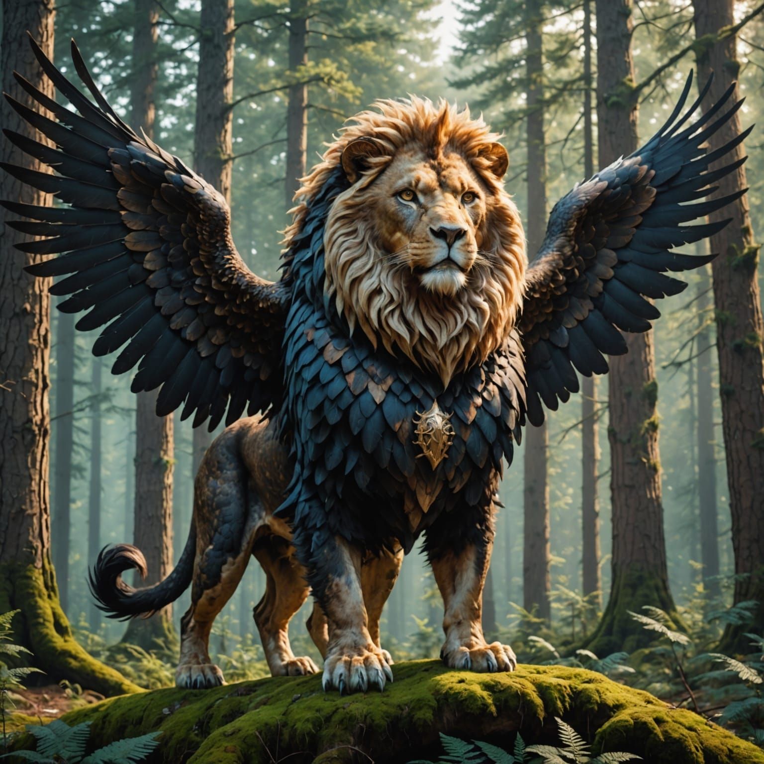 a forest with a magical creature that has a body as a lion and head of a bald eagle with wings . Proud ...  by @WS