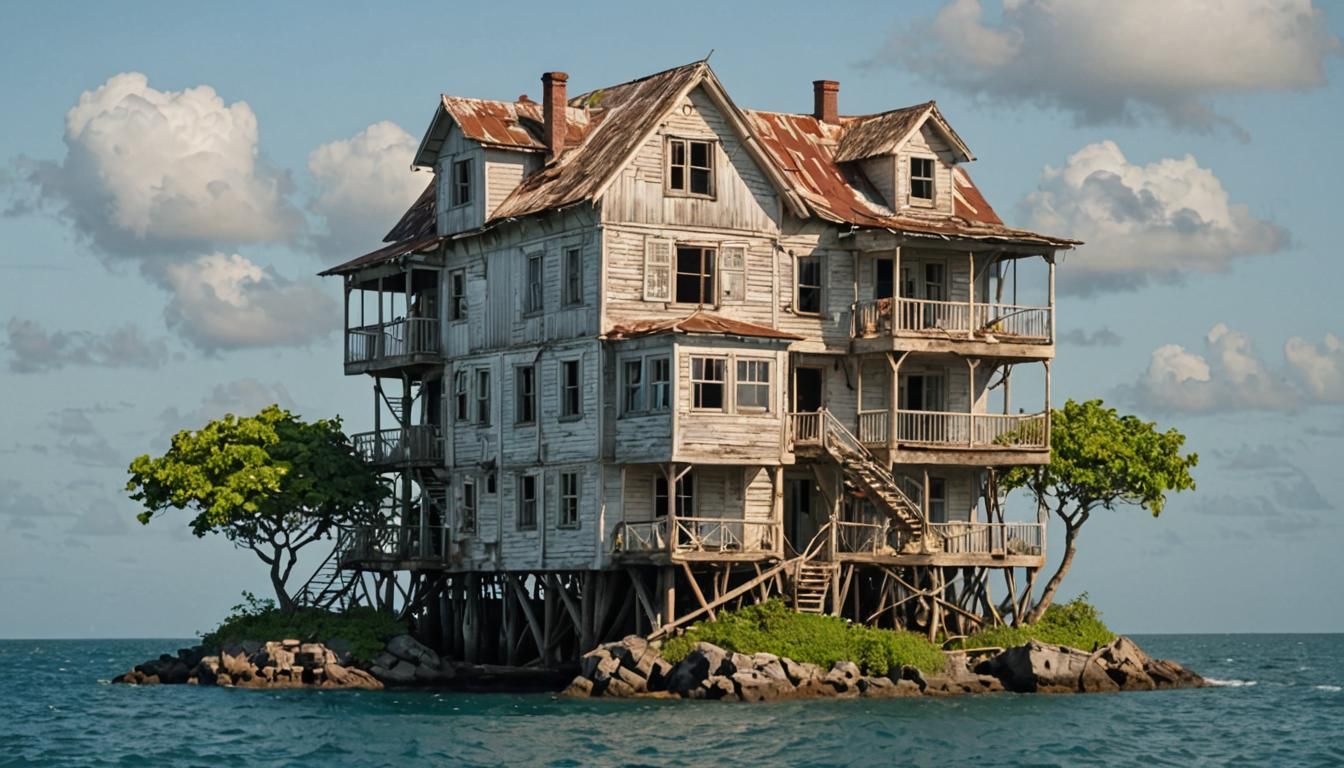 A multi-storey rickety old house on a tiny island in the mid...