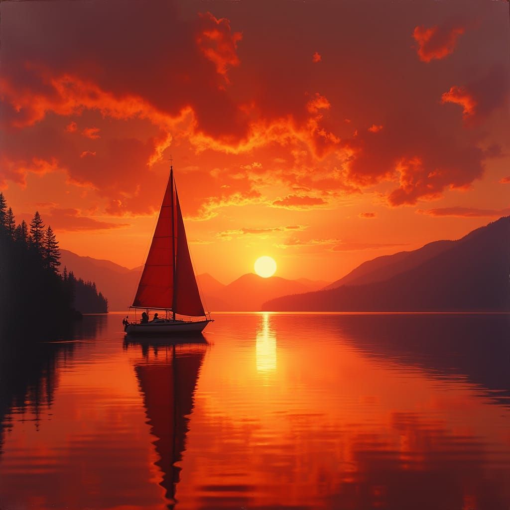 A red sunset reflecting on a still lake and a single sailboat with red-themed sails