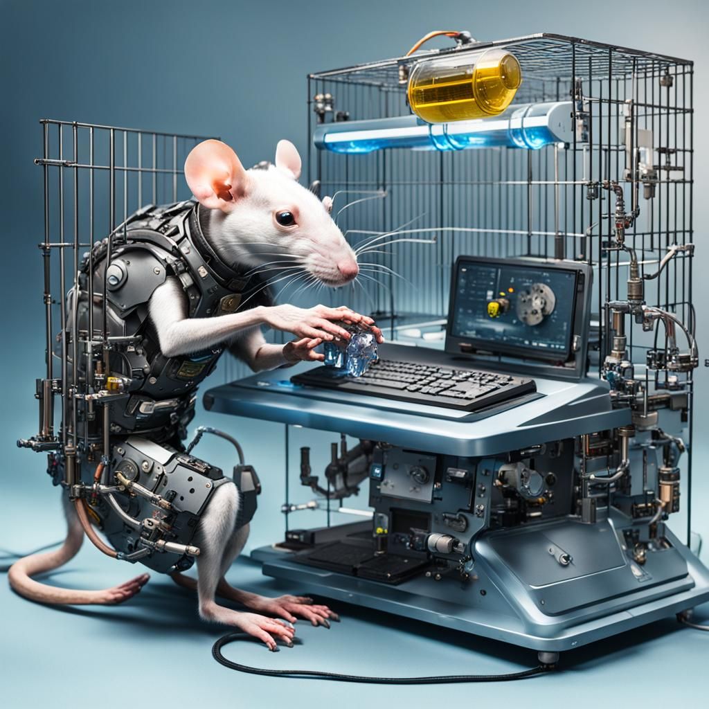 Cyborg rat with mechanical eye and arms in a pet cage with computer ...