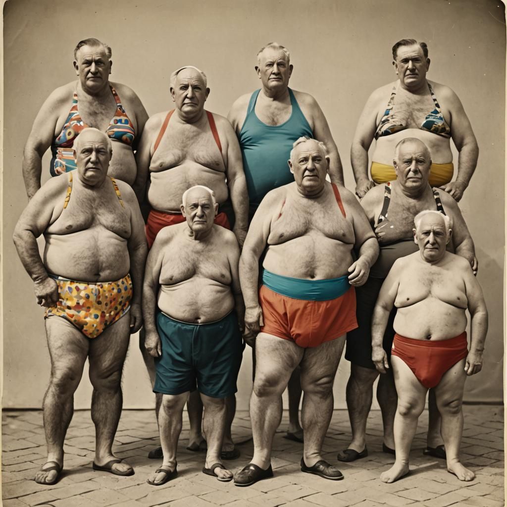 Full body image, Seven very old rather fat men with wrinkles showing,  dressed in various colored bathing suits, different poses, all showing... -  AI Generated Artwork - NightCafe Creator