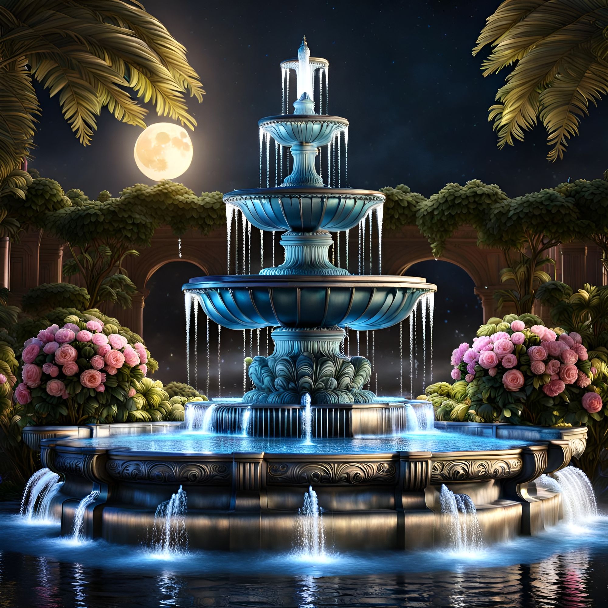 Water Fountain in a Romantic Garden- Daily challenge #398 - NightCafe