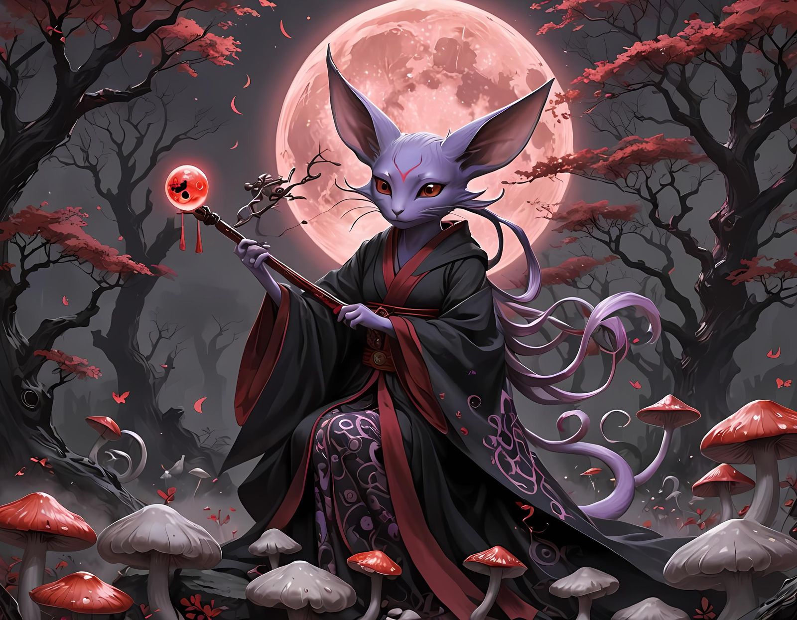 Mystical Espeon Plays Lute Under Blood Moon